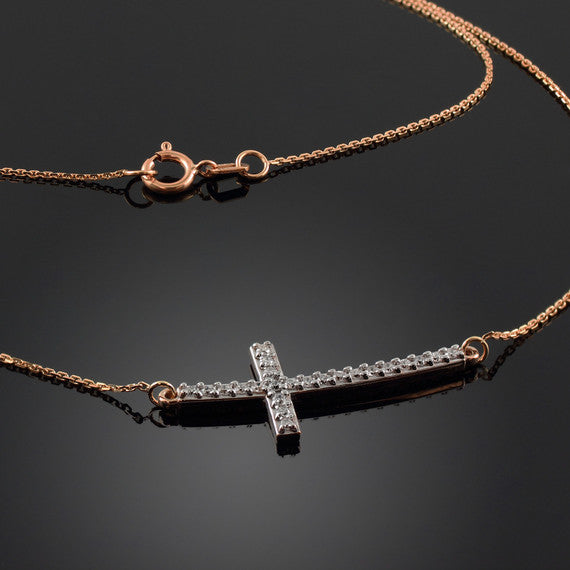 14K Gold Diamond Sideways Cross Pendant Necklace (1.25