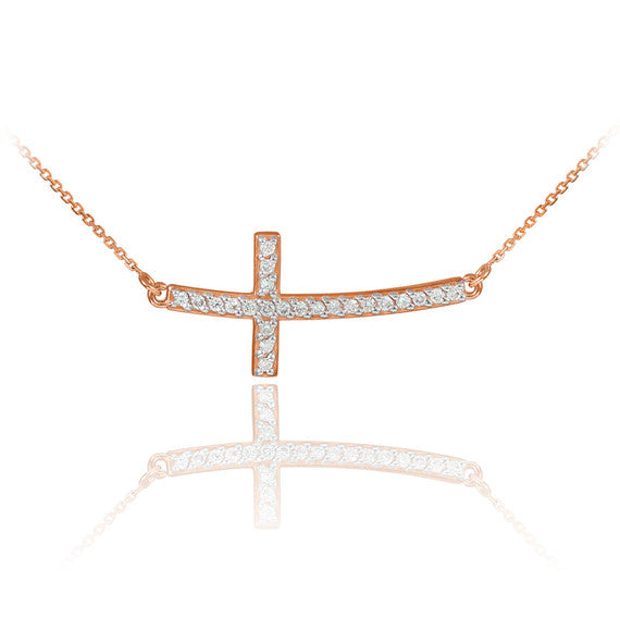 14K Gold Diamond Sideways Cross Pendant Necklace (1.25