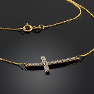14K Gold Diamond Sideways Cross Pendant Necklace (1.25