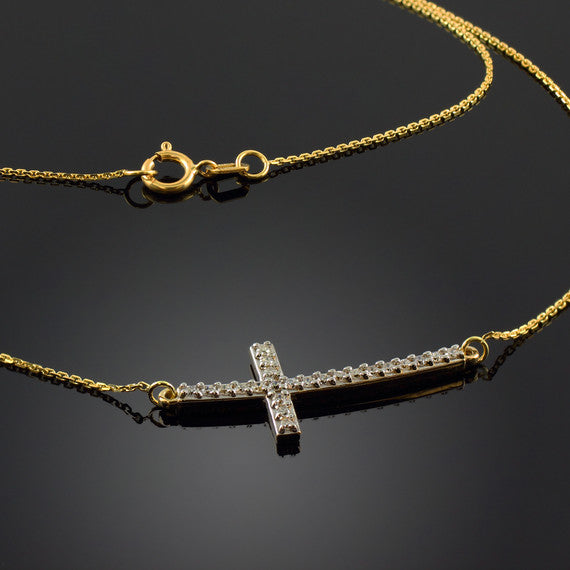 14K Gold Diamond Sideways Cross Pendant Necklace (1.25")(Available in Yellow/Rose/White)