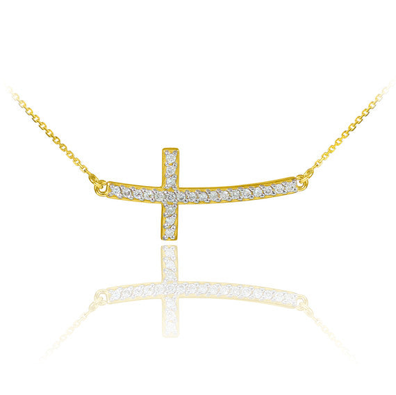 14K Gold Diamond Sideways Cross Pendant Necklace (1.25")(Available in Yellow/Rose/White)