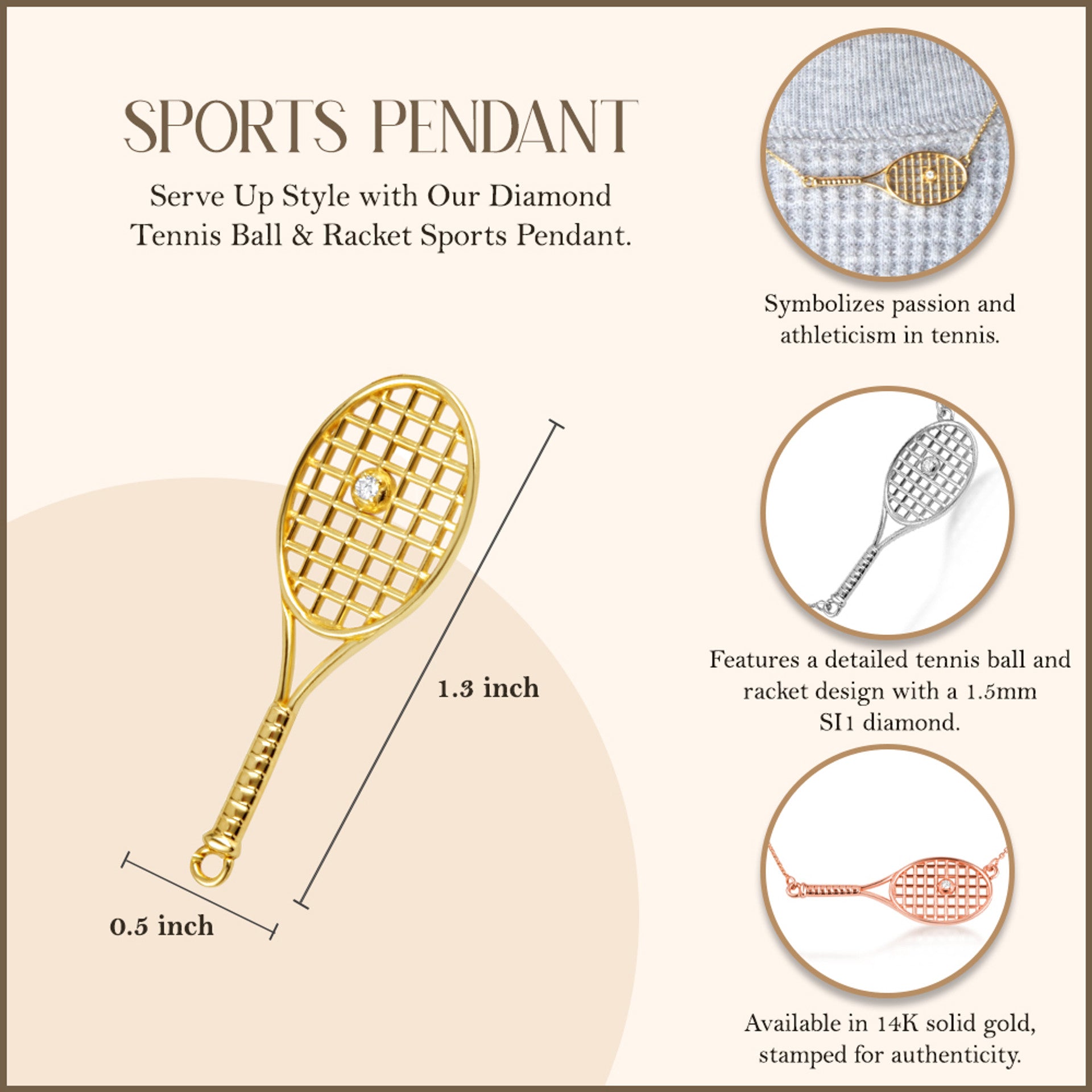 14K Gold Diamond Tennis Racket Sports Pendant Necklace (Available in Yellow/Rose/White Gold)