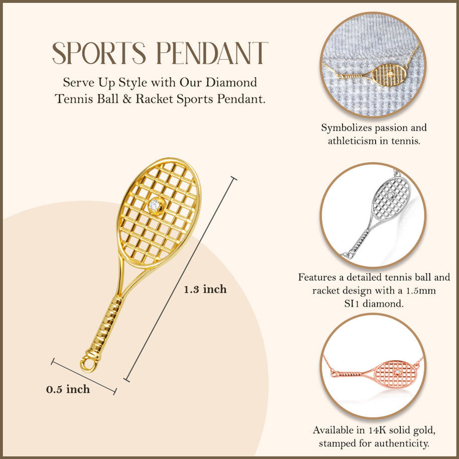 14K Gold Diamond Tennis Racket Sports Pendant Necklace (Available in Yellow/Rose/White Gold)