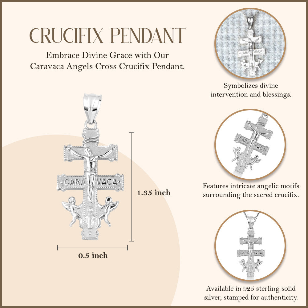 .925 Sterling Silver Spanish Caravaca Cross Crucifix Jesus Christ Angels Pendant Necklace