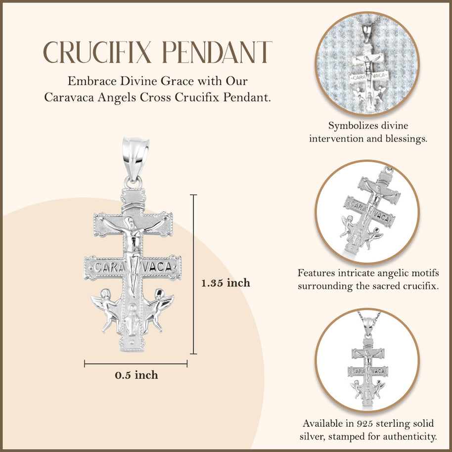 .925 Sterling Silver Spanish Caravaca Cross Crucifix Jesus Christ Angels Pendant Necklace