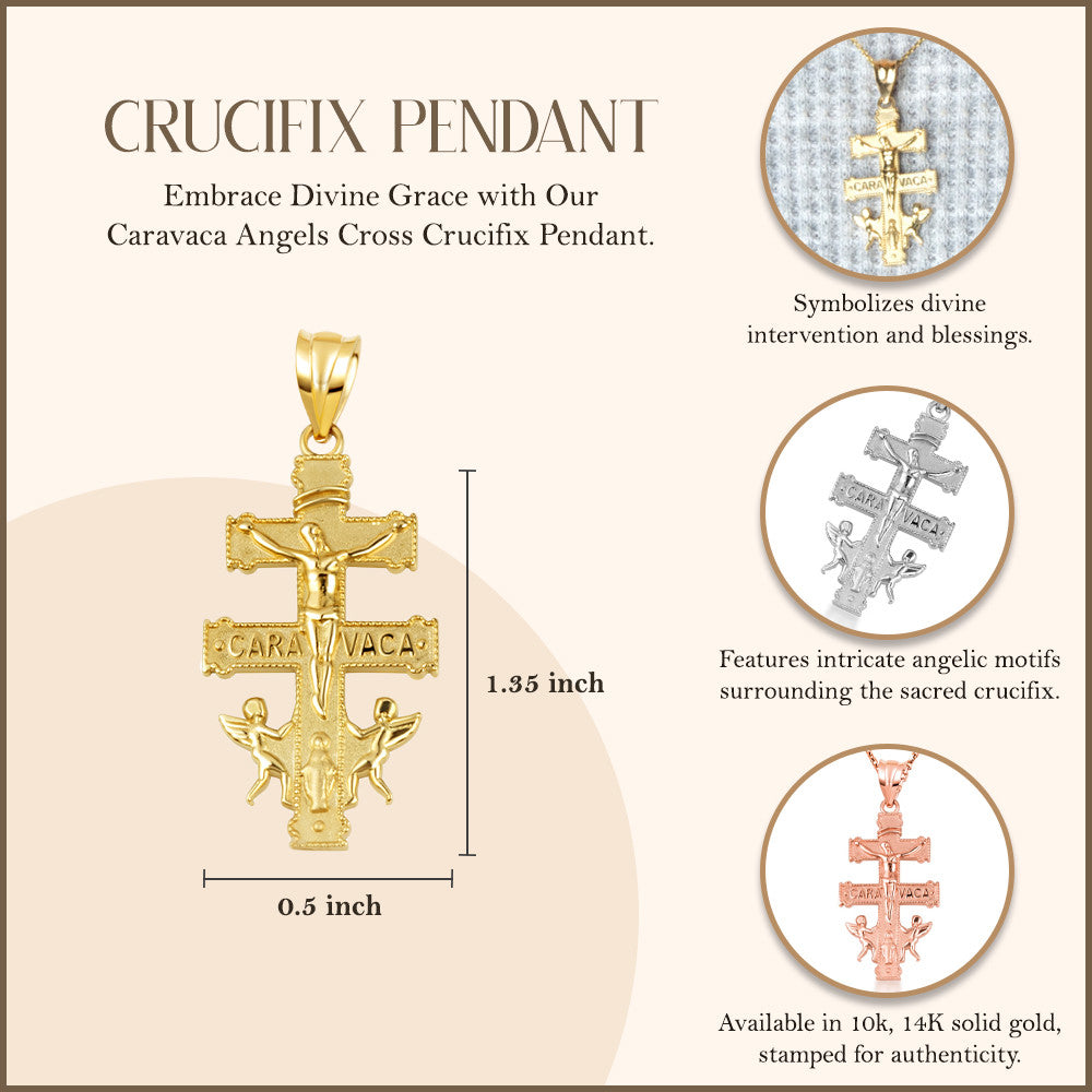 Gold Spanish Caravaca Cross Crucifix Jesus Christ Angels Pendant Necklace (Available in Yellow/Rose/White Gold)