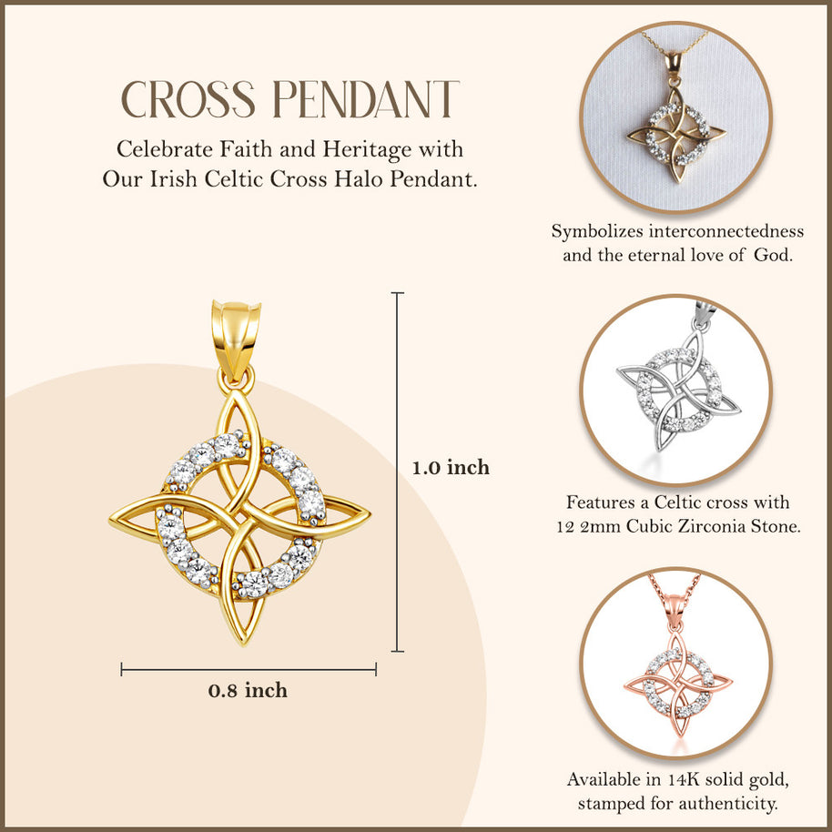 Gold Irish Celtic Cross Halo Trinity Knot Pendant Necklace (Available in Yellow/Rose/White Gold)