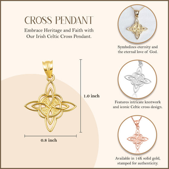 Gold Irish Celtic Cross Trinity Knot Pendant Necklace (Available in Yellow/Rose/White Gold)