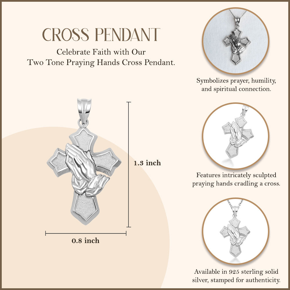 .925 Sterling Silver Praying Hands Cross Pendant Necklace
