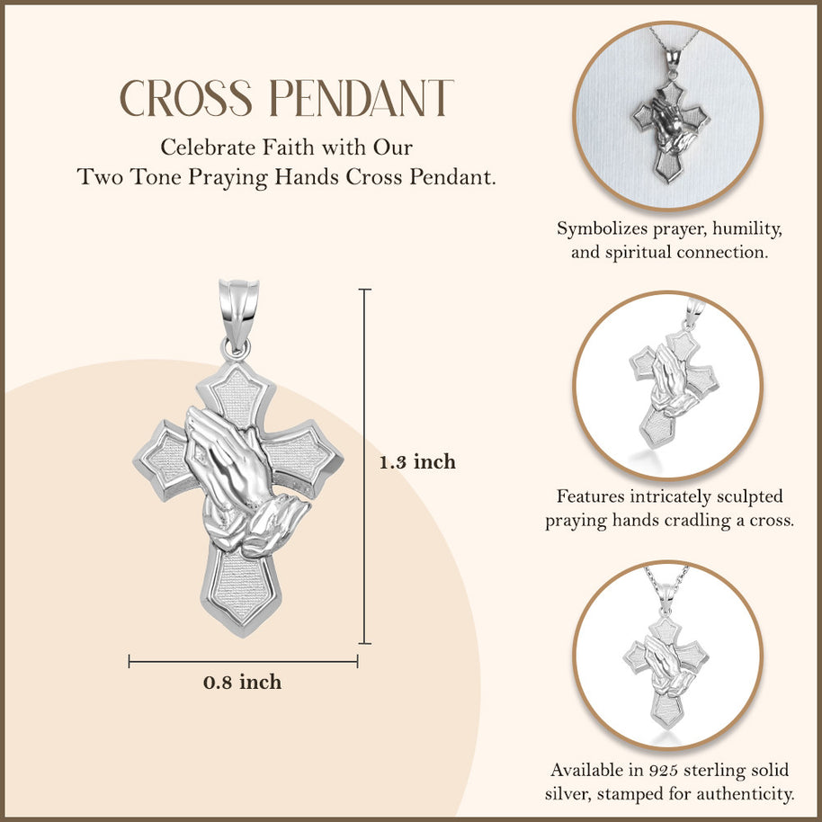.925 Sterling Silver Praying Hands Cross Pendant Necklace