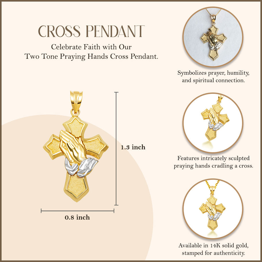 Two-Tone Gold Praying Hands Cross Pendant Necklace