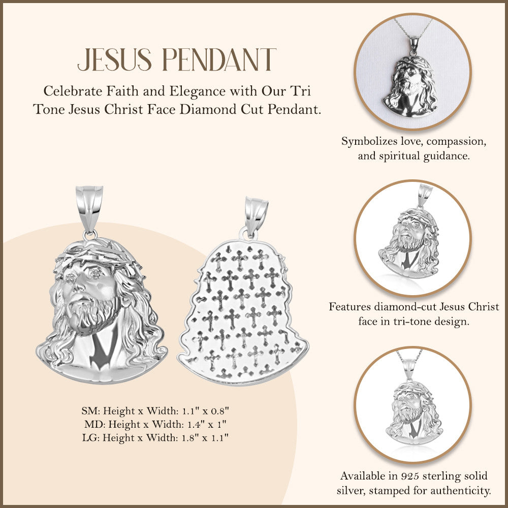.925 Sterling Silver Jesus Christ Face Diamond Cut Pendant Necklace (Available in Small/Medium/Large)
