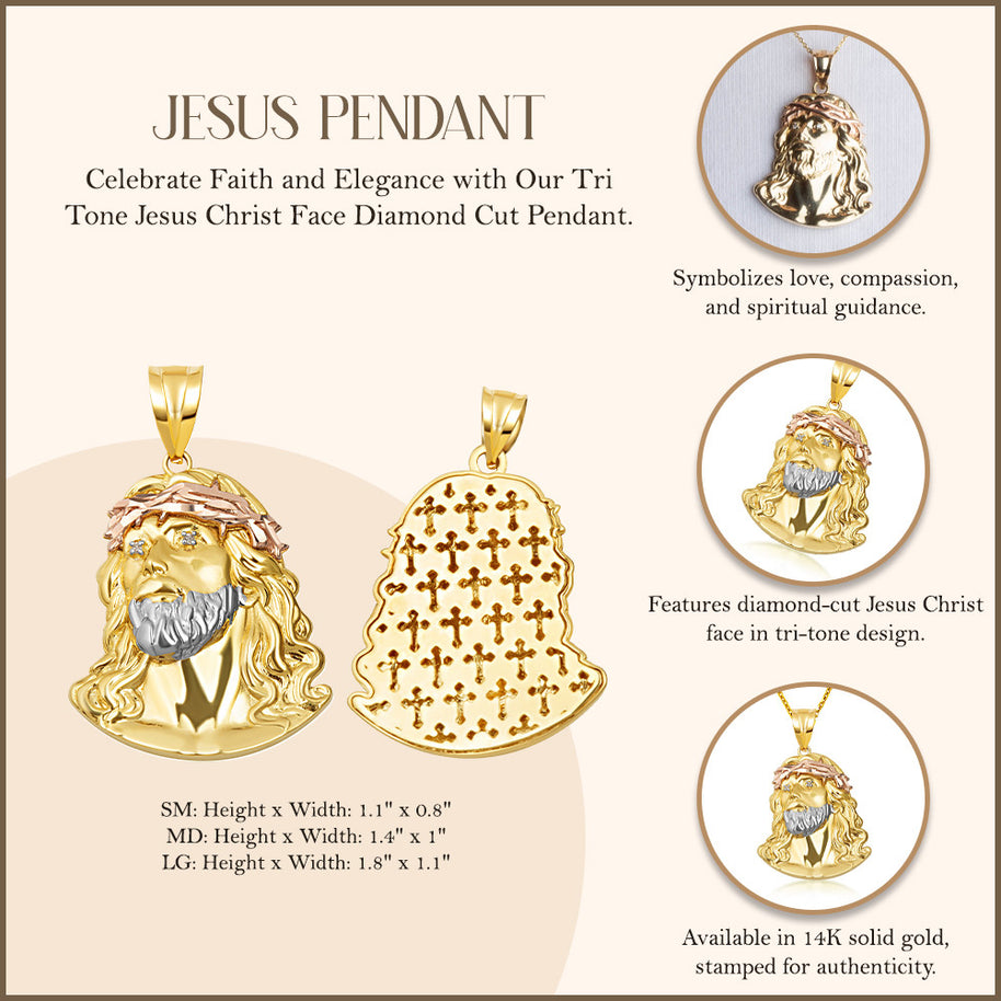 Tri-Color Gold Jesus Christ Face Diamond Cut CZ Pendant Necklace (Available in Small/Medium/Large)