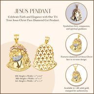 Tri-Color Gold Jesus Christ Face Diamond Cut CZ Pendant Necklace (Available in Small/Medium/Large)