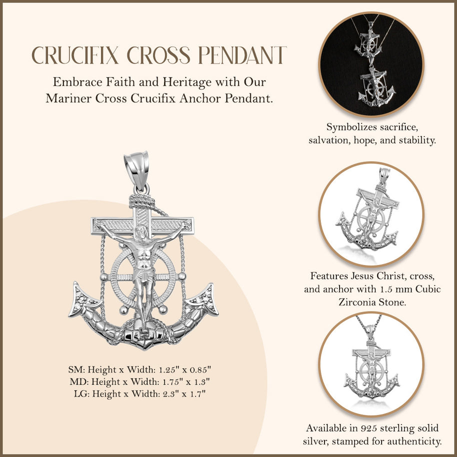 .925 Sterling Silver Cubic Zirconia Nugget Mariner Cross Crucifix Anchor Jesus Christ Pendant Necklace (Available S/M/L)