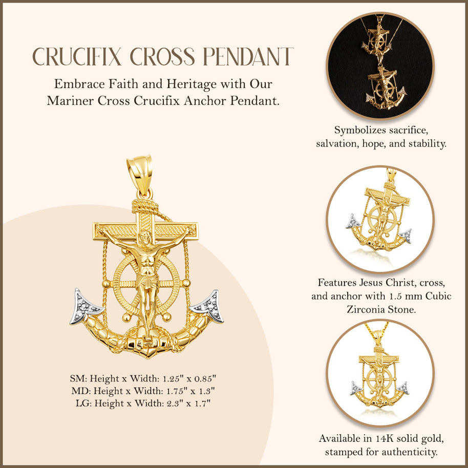 Two-Tone Gold Cubic Zirconia Mariner Cross Crucifix Anchor Jesus Christ Pendant Necklace S/M/l (Available in Yellow/White Gold