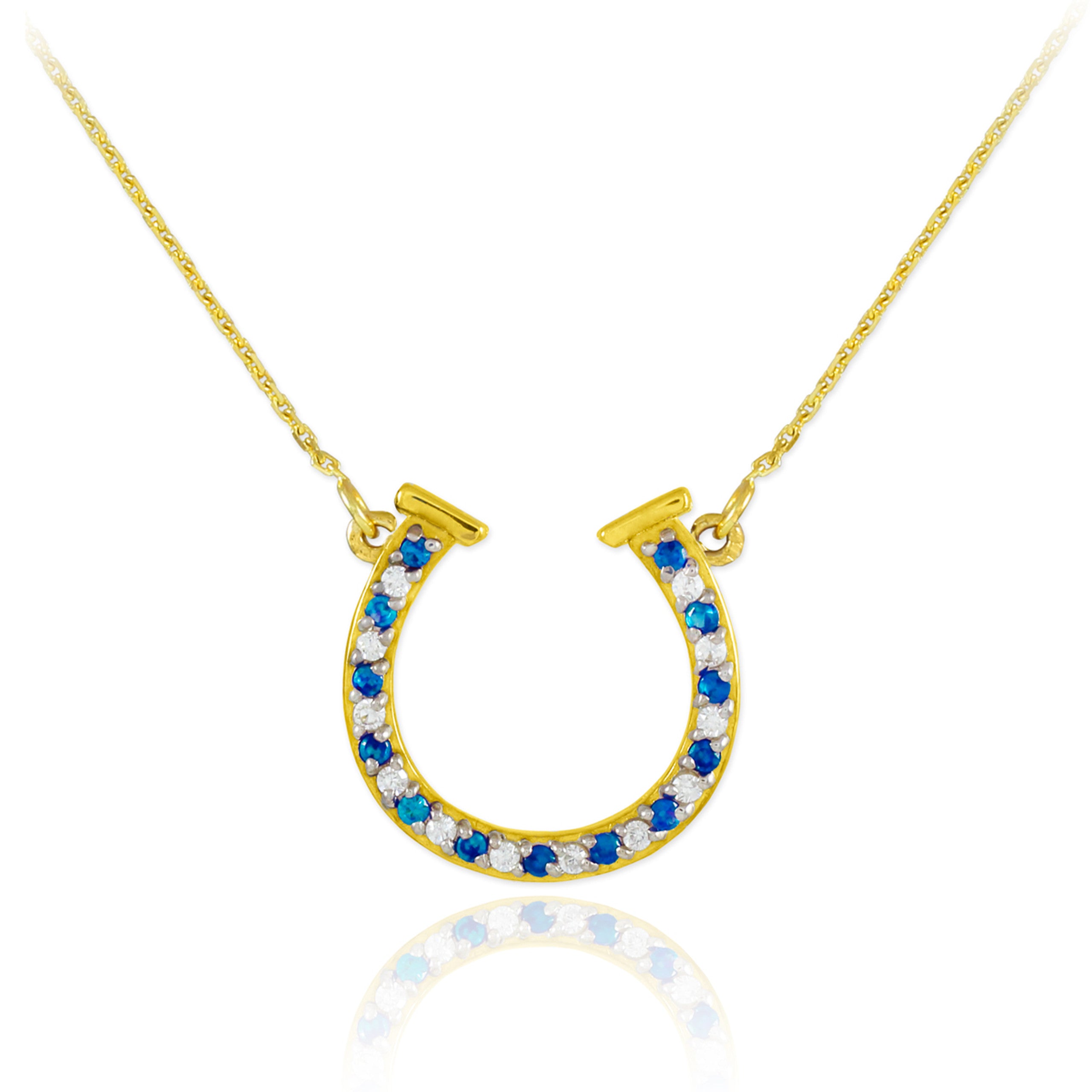 14K Gold Diamond & Blue Sapphire Horseshoe Necklace