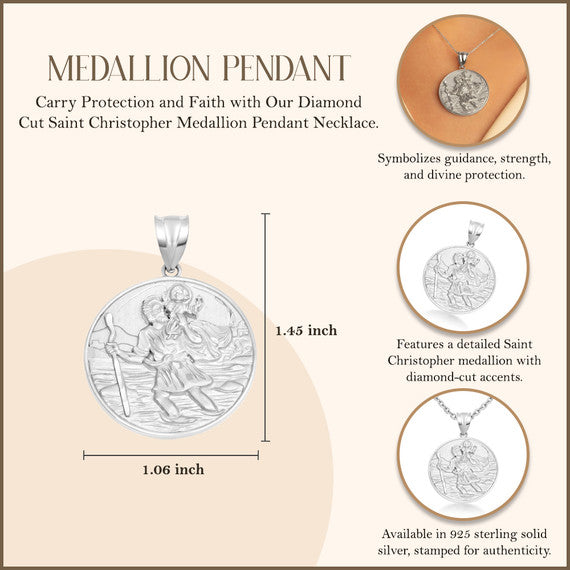 925 Sterling Silver Diamond Cut Patron Saint Christopher Medallion Pendant Necklace Pendant Necklace