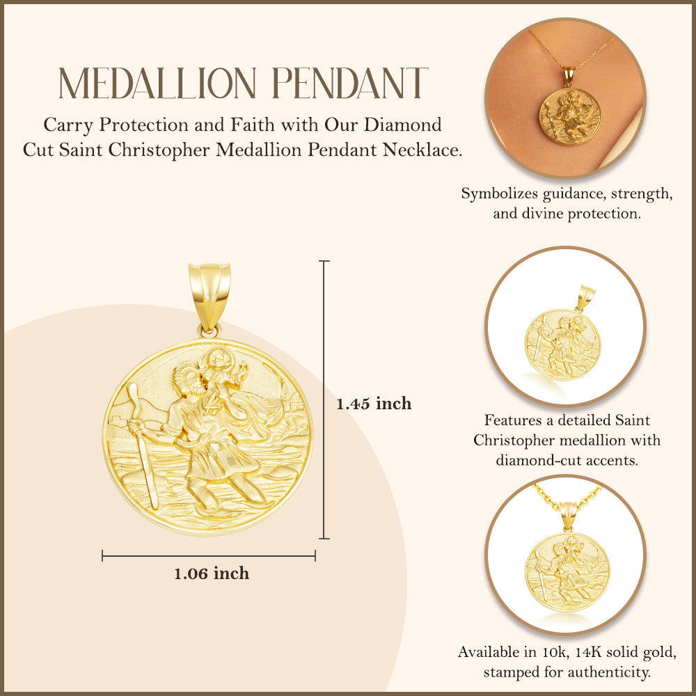 Gold Diamond Cut Patron Saint Christopher Medallion Pendant Necklace Pendant Necklace (Available in Yellow/Rose/White Gold)