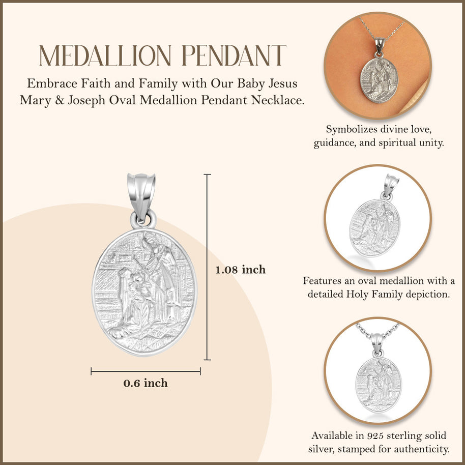 .925 Sterling Silver Religious Baby Jesus Mary & Joseph Oval Medallion Pendant Necklace