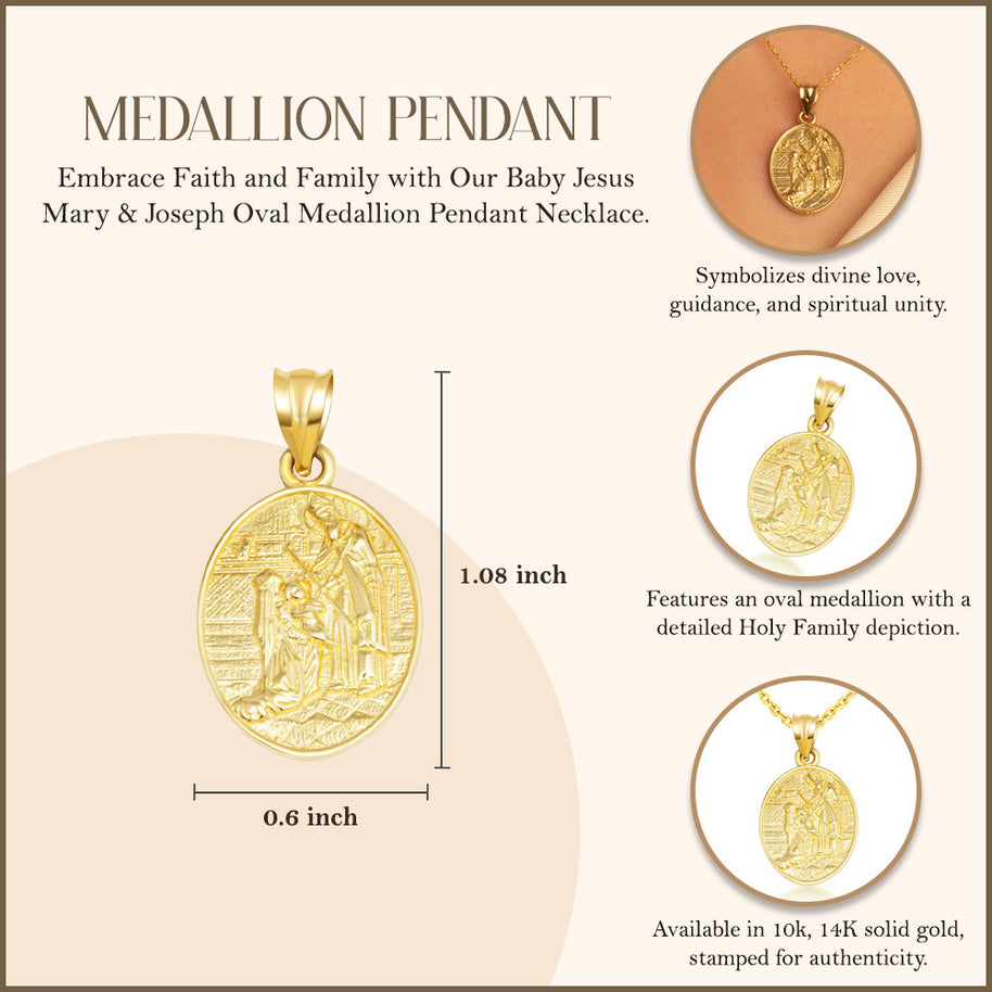 Gold Religious Baby Jesus Mary & Joseph Oval Medallion Pendant Necklace (Available in Yellow/Rose/White Gold)