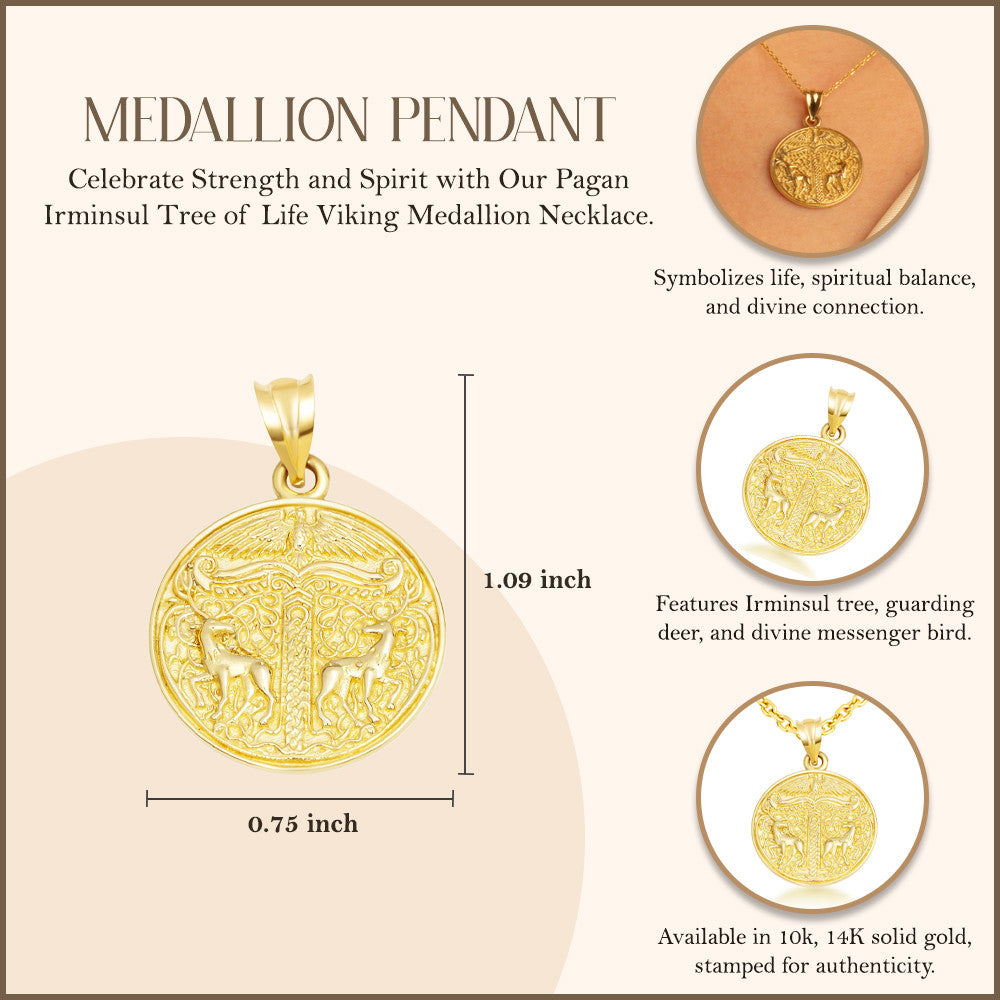 Gold Pagan Irminsul Tree of Life Viking Medallion Pendant Necklace (Available in Yellow/Rose/White Gold)
