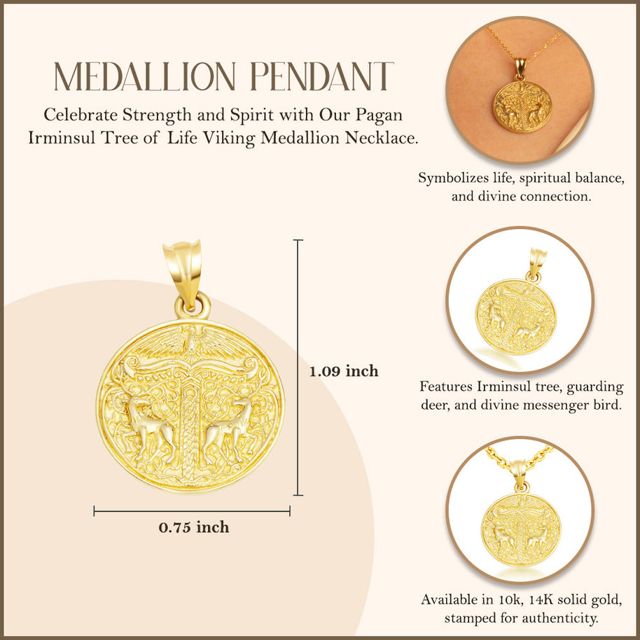 Gold Pagan Irminsul Tree of Life Viking Medallion Pendant Necklace (Available in Yellow/Rose/White Gold)