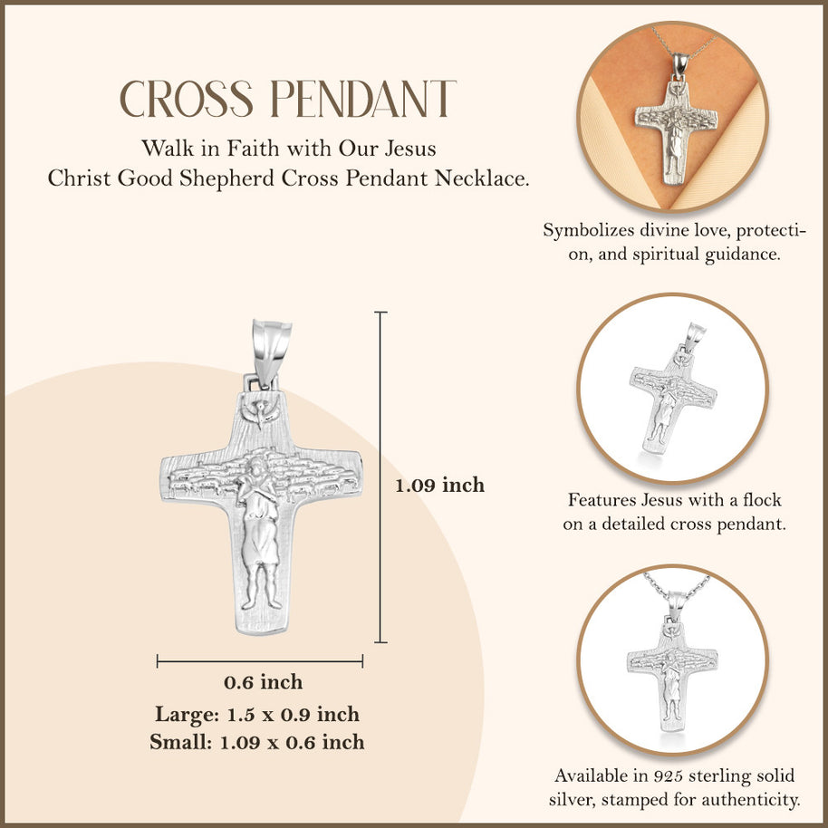 .925 Sterling Silver Jesus Christ Good Shepherd Cross Pendant Necklace (Available in Small/Large)