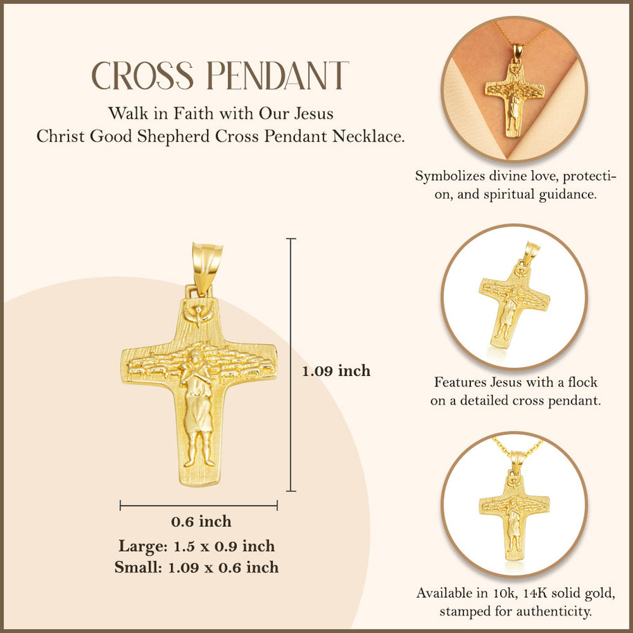 Gold Jesus Christ Good Shepherd Cross Pendant Necklace S/L (Available in Yellow/Rose/White Gold)