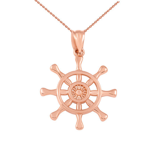 Gold Nautical Ship Wheel Pendant Necklace (Available in Yellow/Rose/White Gold)