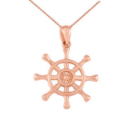 Gold Nautical Ship Wheel Pendant Necklace (Available in Yellow/Rose/White Gold)