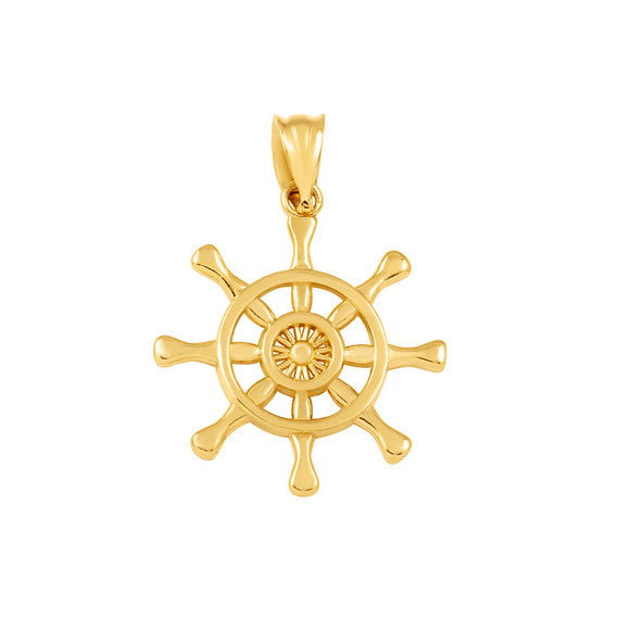 Gold Nautical Ship Wheel Pendant Necklace (Available in Yellow/Rose/White Gold)
