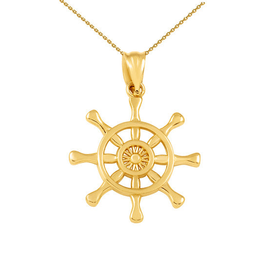 Gold Nautical Ship Wheel Pendant Necklace (Available in Yellow/Rose/White Gold)