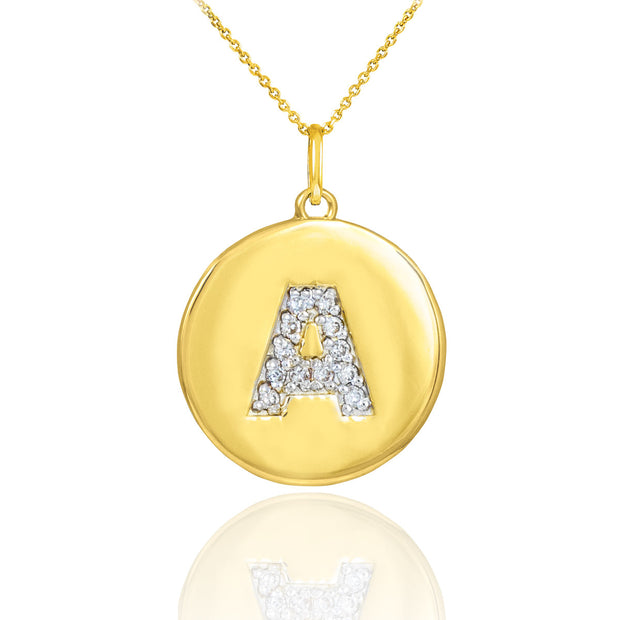 Gold Letter "A-Z" Initial Diamond Disc Pendant Necklace (Available in Yellow/Rose/White Gold)