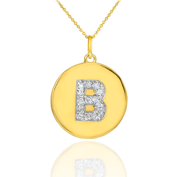 Gold Letter "A-Z" Initial Diamond Disc Pendant Necklace (Available in Yellow/Rose/White Gold)