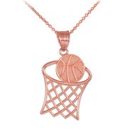 Gold Textured Hoop and Basketball Charm Pendant Necklace (Available in Yellow/Rose/White Gold)