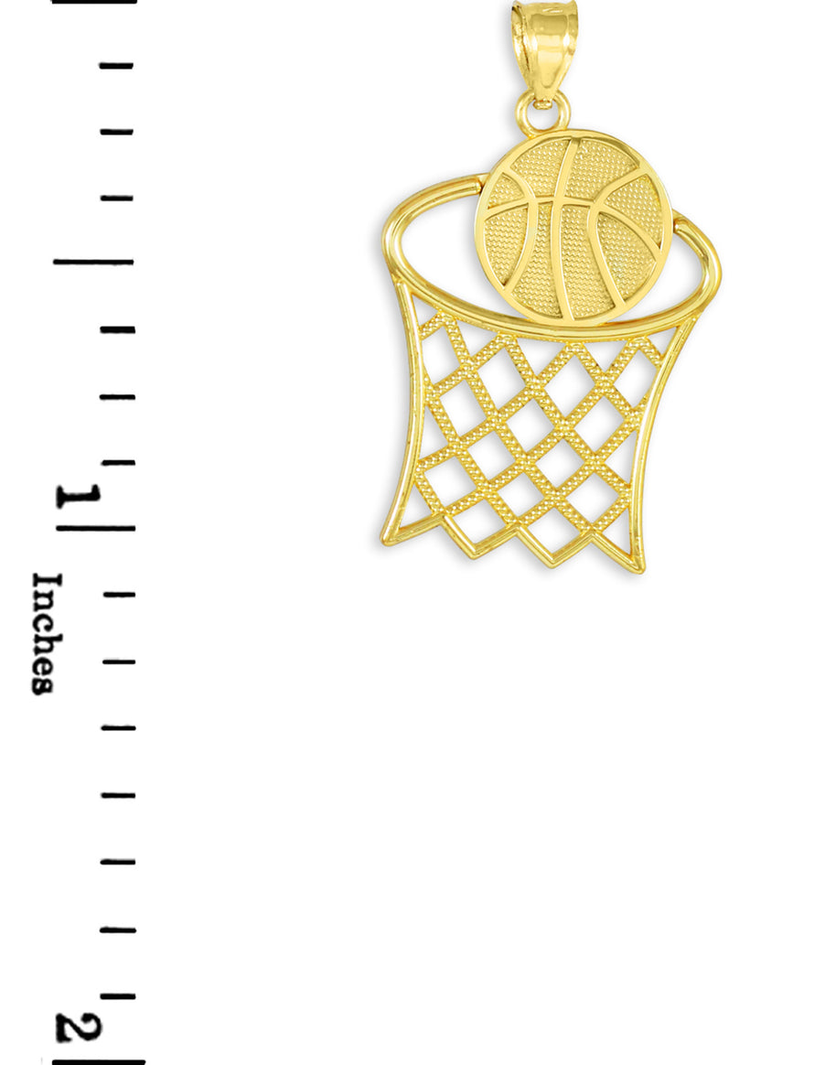 Gold Textured Hoop and Basketball Charm Pendant Necklace (Available in Yellow/Rose/White Gold)