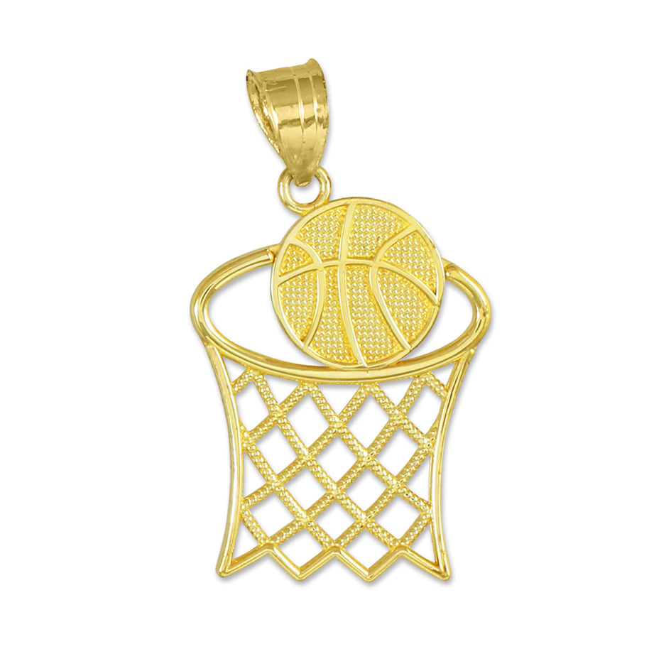 Gold Textured Hoop and Basketball Charm Pendant Necklace (Available in Yellow/Rose/White Gold)