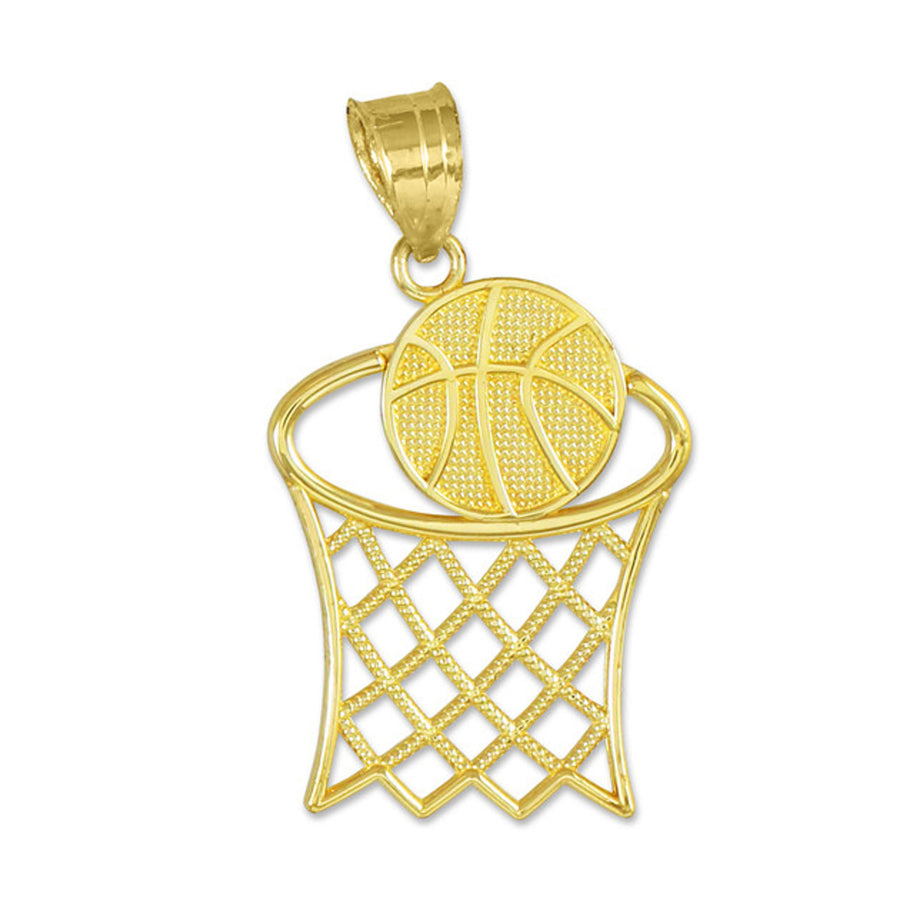 Gold Textured Hoop and Basketball Charm Pendant Necklace (Available in Yellow/Rose/White Gold)