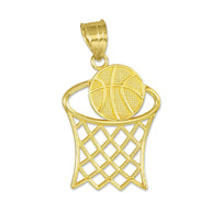 Gold Textured Hoop and Basketball Charm Pendant Necklace (Available in Yellow/Rose/White Gold)