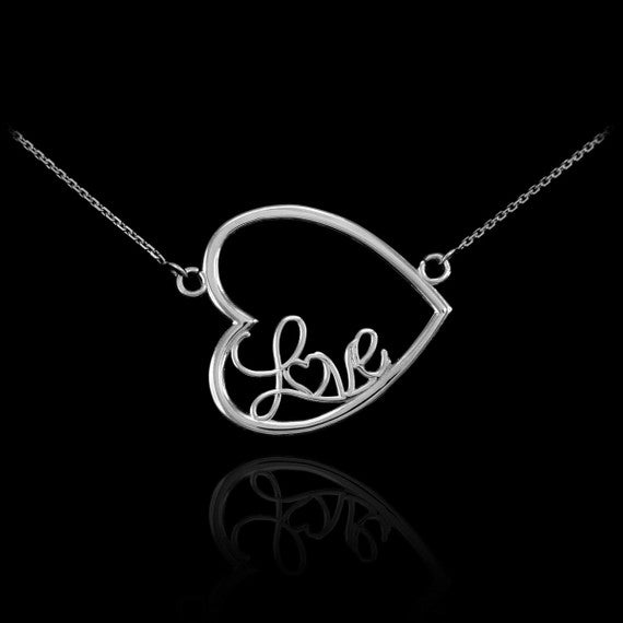 Sterling Silver Sideways Open Heart "Love" Script Necklace