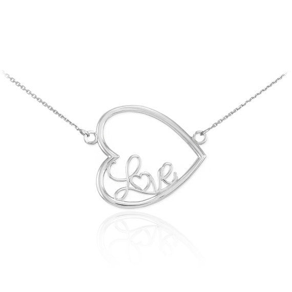 Sterling Silver Sideways Open Heart "Love" Script Necklace