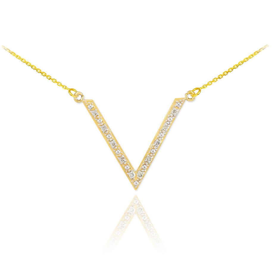 14K Yellow Gold Diamond Studded V Necklace
