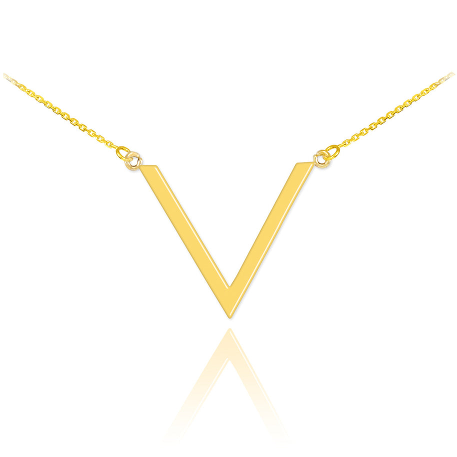 Gold 14K Polished Letter "V" Shaped Initial Chevron Necklace (Available in Yellow, Rose and White)