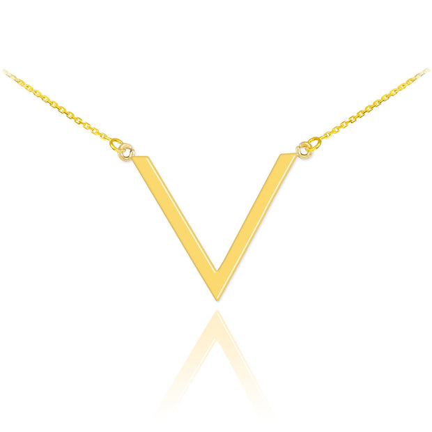 Gold 14K Polished Letter "V" Shaped Initial Chevron Necklace (Available in Yellow, Rose and White)