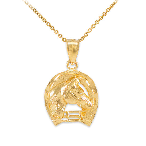 Gold Horseshoe with Horse Head Charm Pendant Necklace (Yellow, White and Rose)