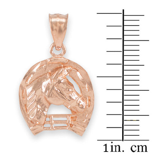 Gold Horseshoe with Horse Head Charm Pendant Necklace (Yellow, White and Rose)