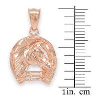 Gold Horseshoe with Horse Head Charm Pendant Necklace (Yellow, White and Rose)