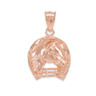 Gold Horseshoe with Horse Head Charm Pendant Necklace (Yellow, White and Rose)