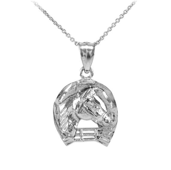 Gold Horseshoe with Horse Head Charm Pendant Necklace (Yellow, White and Rose)
